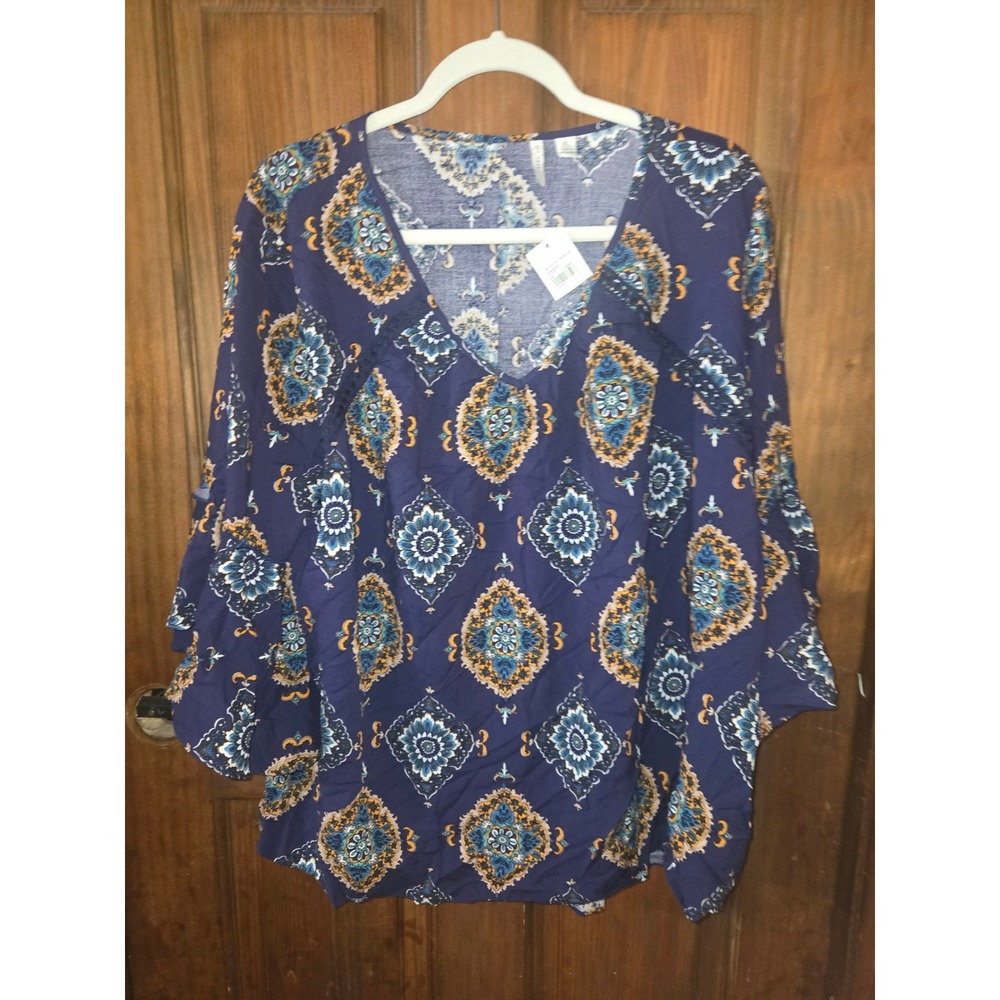 JM Sportswear Marrakesh Medallion Boho Blouse Navy Blue XL NWT - Picture 2 of 6